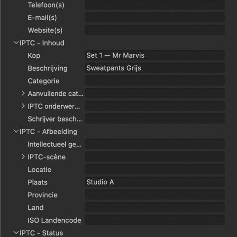 Volledig IPTC-metagegevenspaneel van Capture One met SetTag-data: kop, beschrijving, plaats, titel en instructies