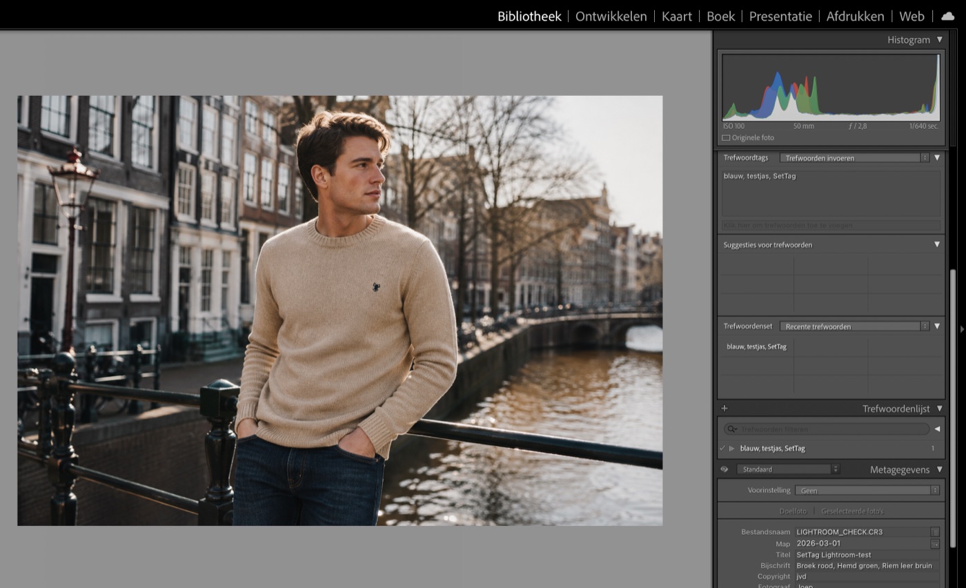 SetTag keywords and title visible in the metadata panel of Lightroom Classic