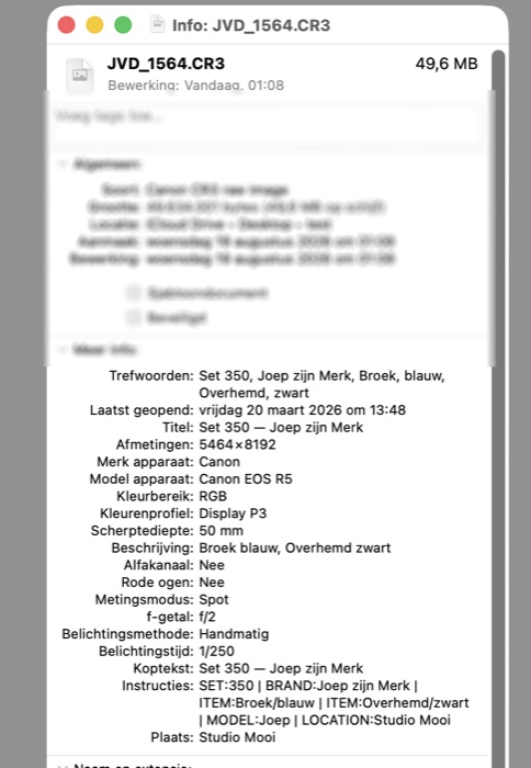Full SetTag metadata in the Finder info window of a RAW file: keywords, title, instructions and location