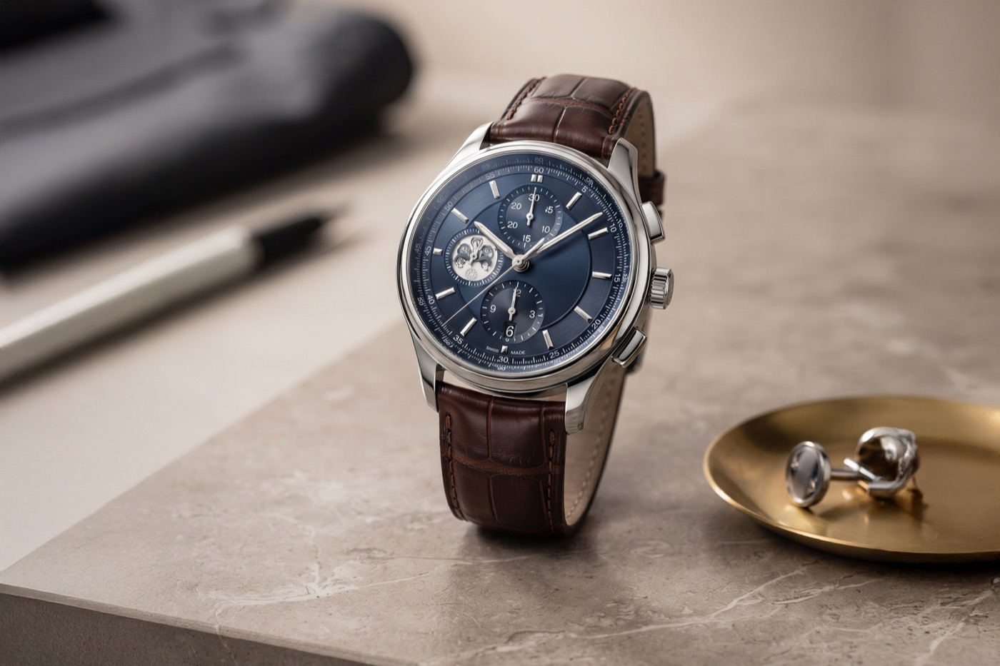 Luxury watch with leather strap, highlighted in a product photo